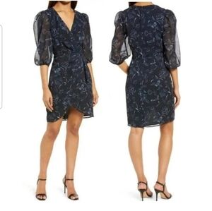 NWT Halogen Chiffon Faux Wrap Black Bali Floral Print Dress Size M